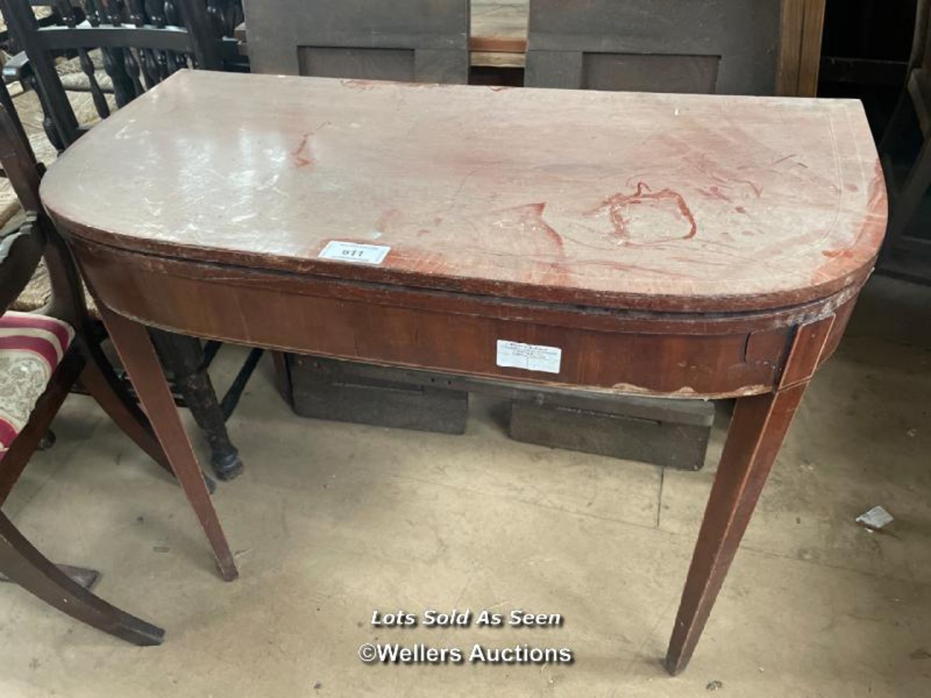 INLAID FOLDING BOW FRONTED TABLE, 39 X 19 X 29.5 INCHES / LOCATED AT VICTORIA ANTIQUES,