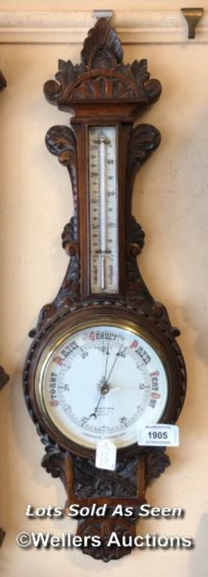 *VICTORIAN CARVED OAK ANEROID BAROMETER/THERMOMETER BY J H STEWARD, 54 CORNHILL, LONDON / LOCATED AT