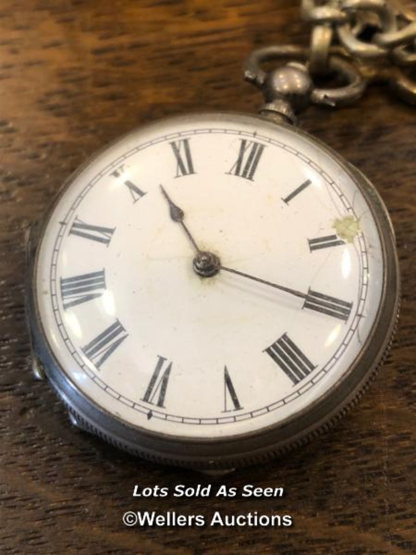 *SILVER POCKET WATCH, WHITE ENAMEL DIAL, SILVER PLATED ALBERT / LOCATED AT VICTORIA ANTIQUES, - Image 2 of 6