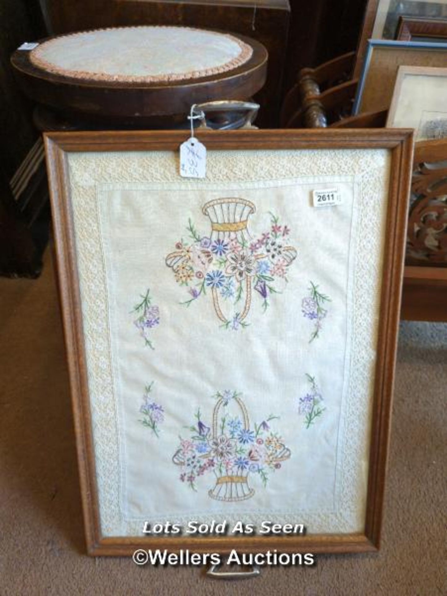 *1920S RECTANGULAR TRAY WITH EMROIDERY; A BUTTERFLY WING TRAY / LOCATED AT VICTORIA ANTIQUES,