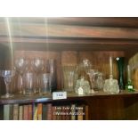 *SHELF OF ASSORTED GLASSWARE, INCLUDING VASES AND LIDDED POTS, ETC. / LOCATED AT VICTORIA
