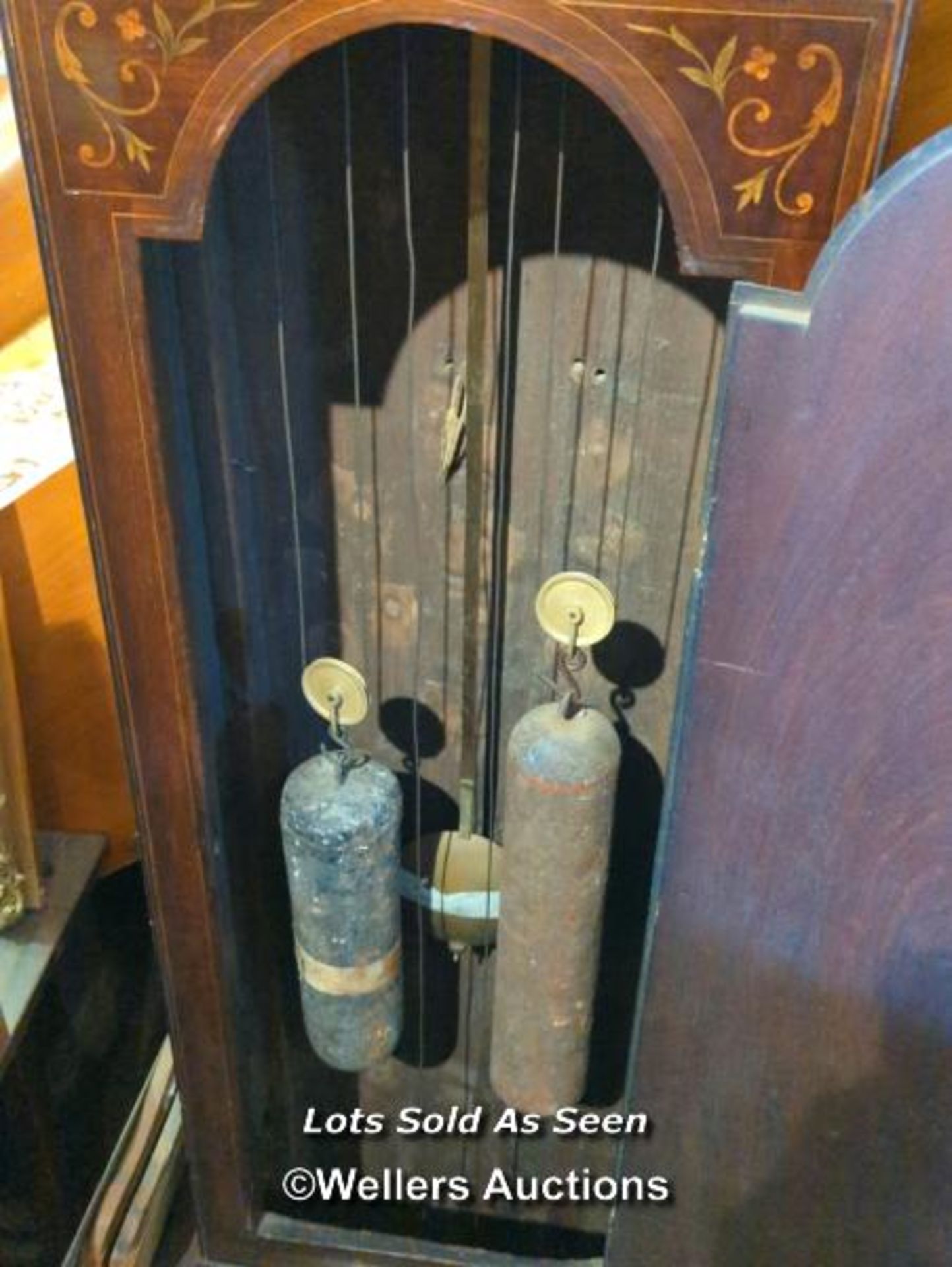 *INLAID MAHOGANY 8 DAY LONGCASE CLOCK WITH STRIKING MOVEMENT, 206CM / LOCATED AT VICTORIA - Image 6 of 6