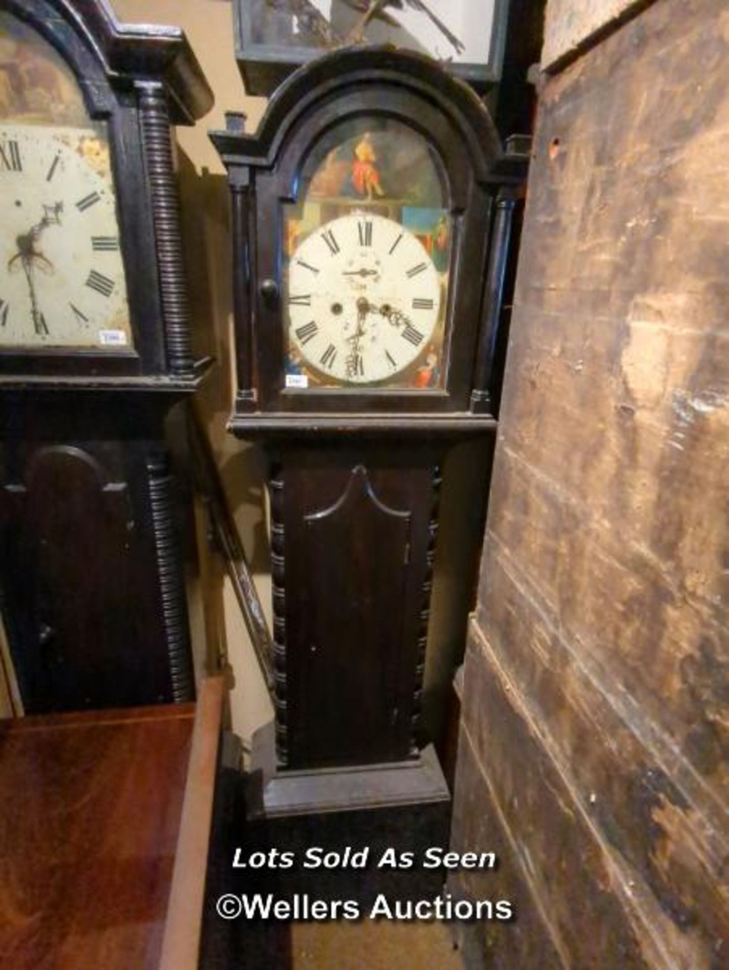 *EBONISED 8 DAY LONGCASE CLOCK, PAINTED DIAL WITH SUBSIDIARY DIALS, SIGNED GEORGE BROCKE(?), 188CM /