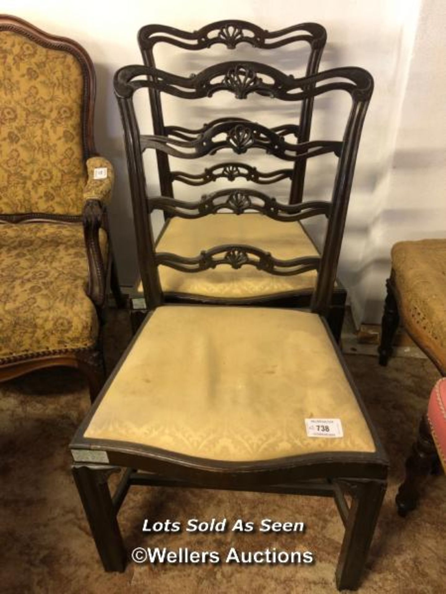 *PAIR OF MAHOGANY LADDER BACK CHAIRS WITH UPHOLSTERED SEATS / LOCATED AT VICTORIA ANTIQUES,