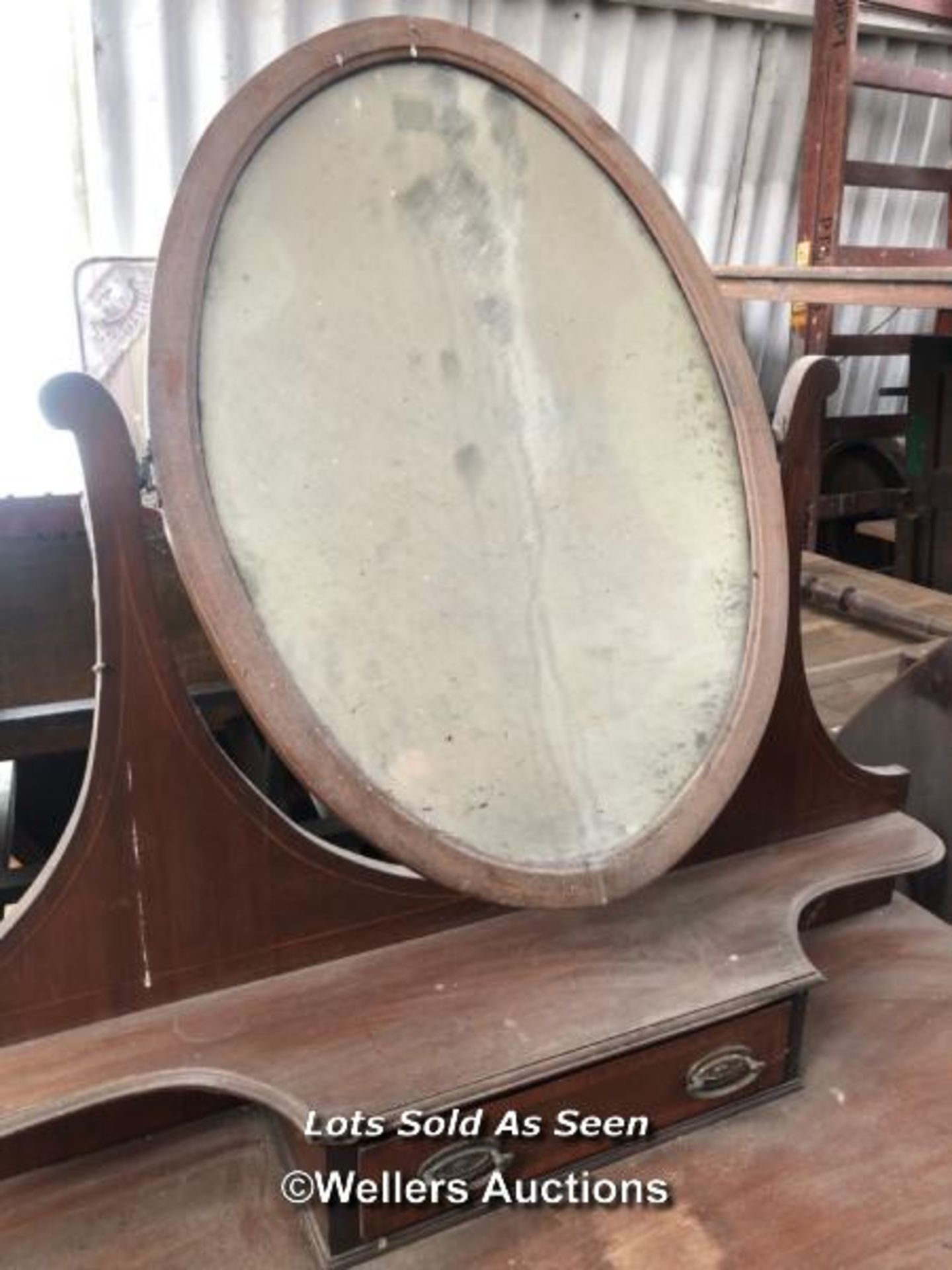 DRESSING TABLE WITH MIRROR AND SIX DRAWERS ON CASTORS, 42 X 18.5 X 68 INCHES / LOCATED AT VICTORIA - Image 2 of 3