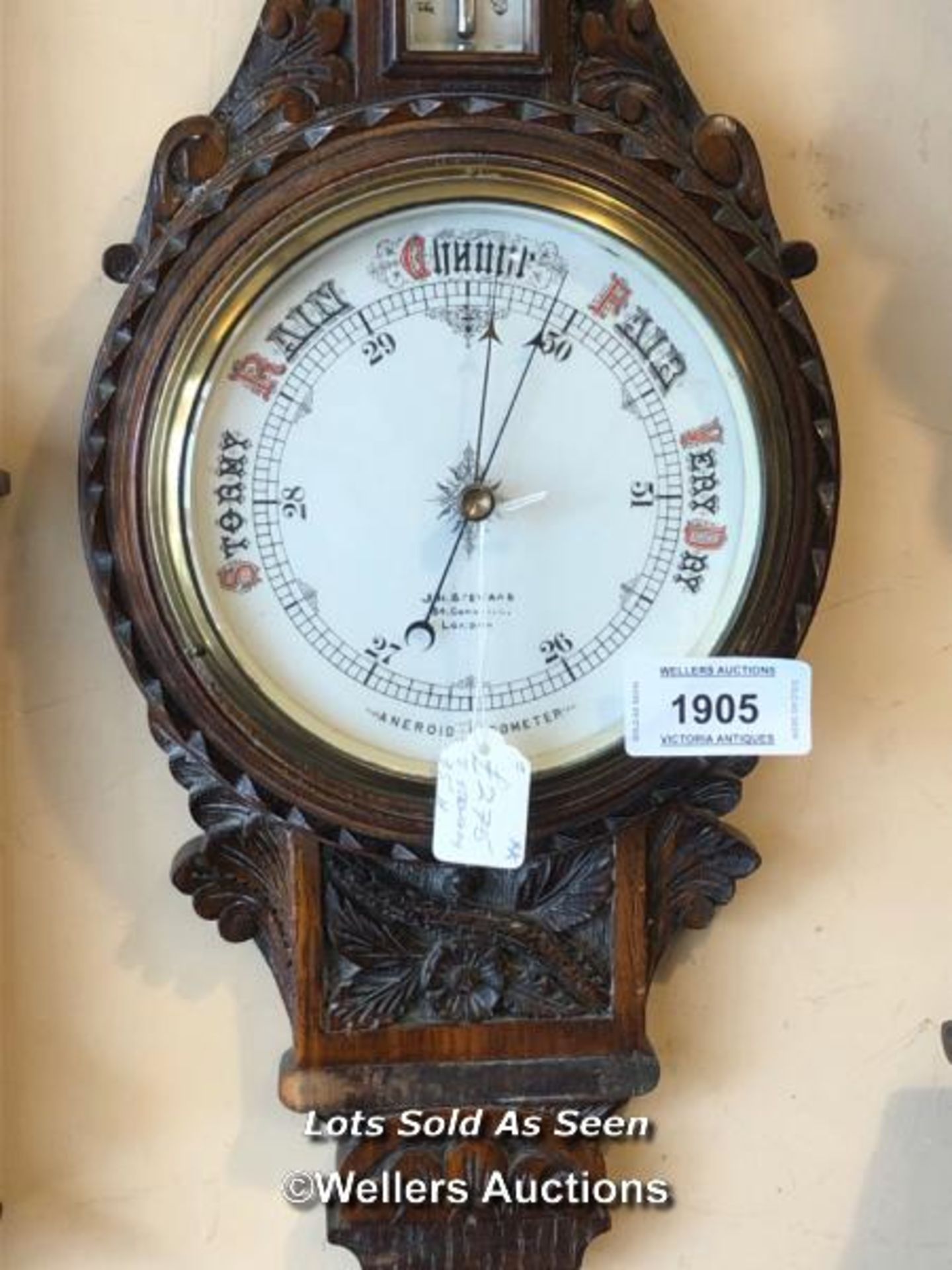 *VICTORIAN CARVED OAK ANEROID BAROMETER/THERMOMETER BY J H STEWARD, 54 CORNHILL, LONDON / LOCATED AT - Image 2 of 3