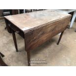 SMALL DROP LEAF TABLE WITH TWO DRAWERS, 37.5 X 19.5 X 28 INCHES / LOCATED AT VICTORIA ANTIQUES,