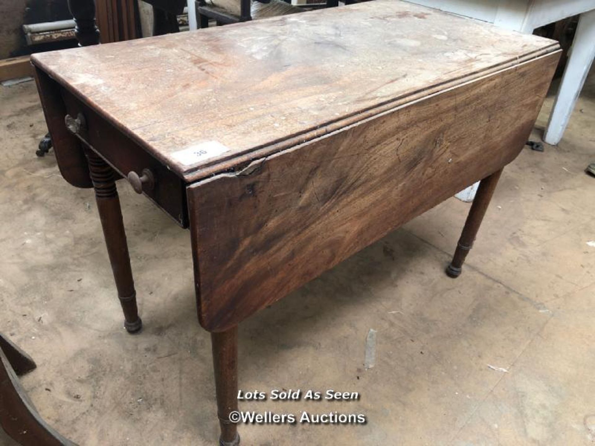 SMALL DROP LEAF TABLE WITH TWO DRAWERS, 37.5 X 19.5 X 28 INCHES / LOCATED AT VICTORIA ANTIQUES,