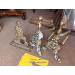 *PAIR OF SMALL BRASS FIREDOGS AND A SMALL BRASS FIGURAL DOORSTOP / LOCATED AT VICTORIA ANTIQUES,