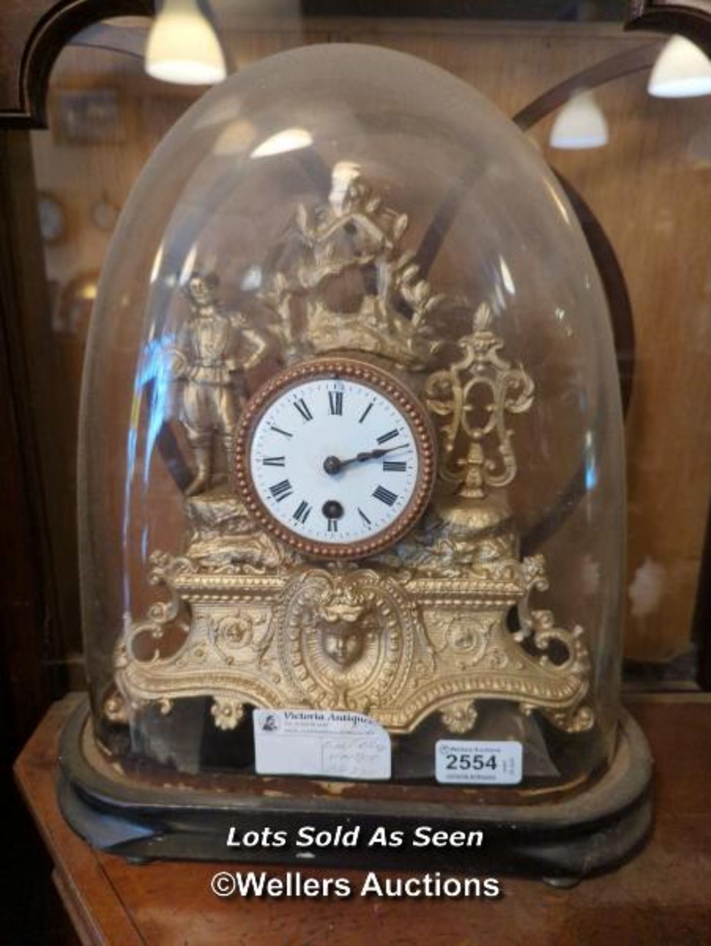 *VICTORIAN GILT METAL FIGURAL CLOCK UNDER GLASS DOME, 36CM / LOCATED AT VICTORIA ANTIQUES,