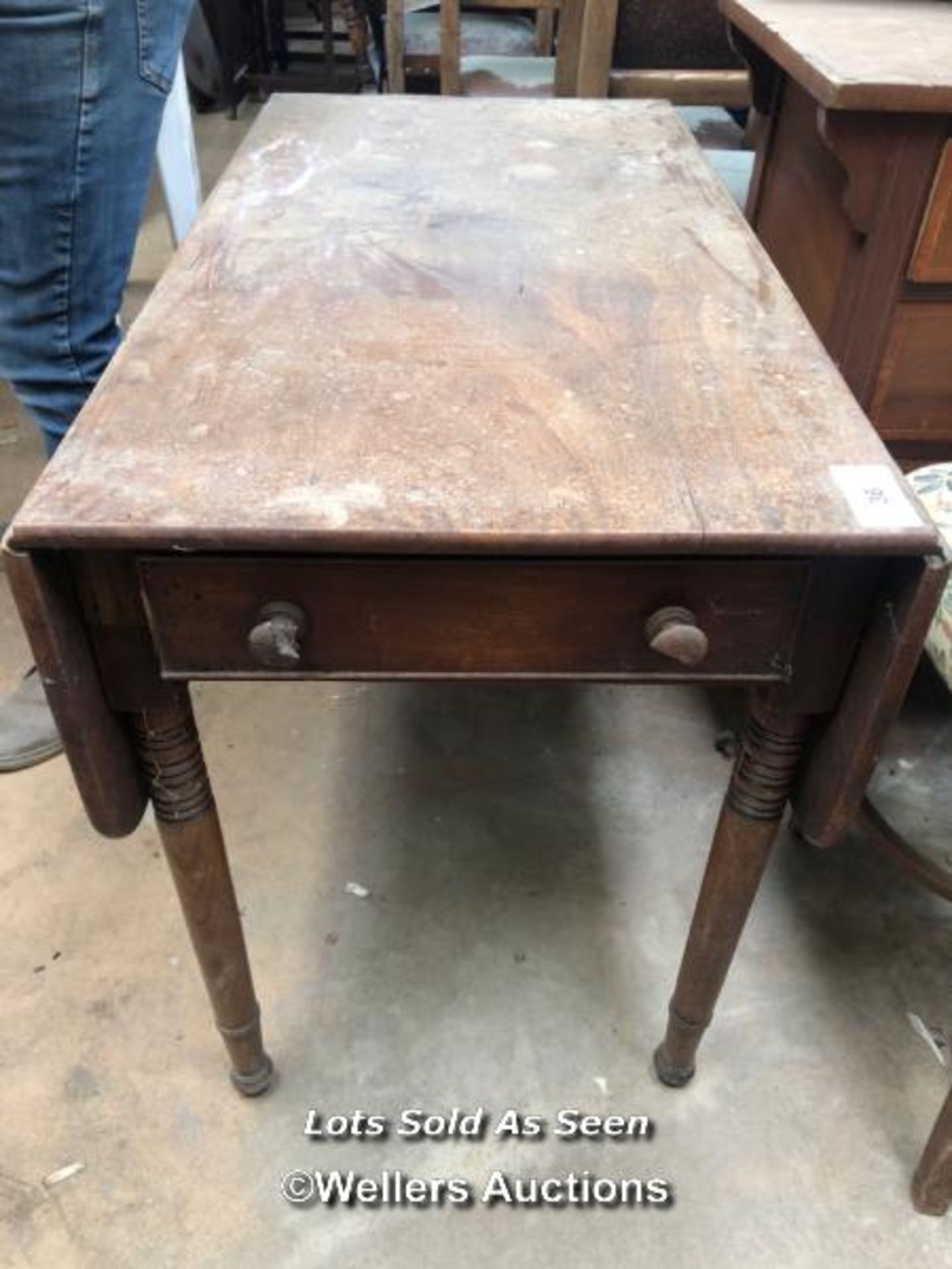 SMALL DROP LEAF TABLE WITH TWO DRAWERS, 37.5 X 19.5 X 28 INCHES / LOCATED AT VICTORIA ANTIQUES, - Image 2 of 2