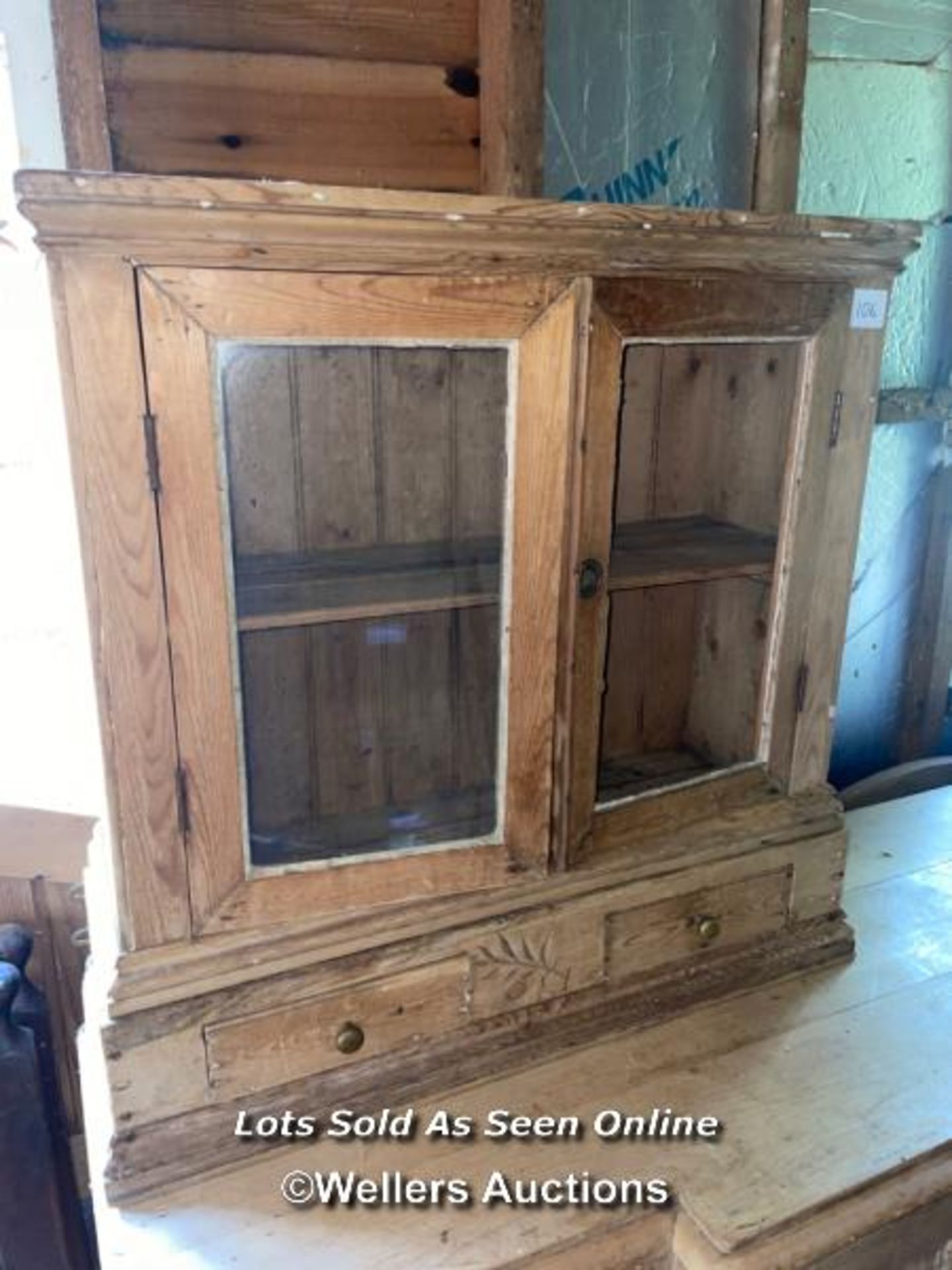 PINE DISPLAY CABINET, ONE PANEL OF GLASS MISSING, 82CM (H) X 79CM (W) X 29CM (D) / COLLECTION