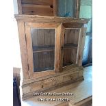 PINE DISPLAY CABINET, ONE PANEL OF GLASS MISSING, 82CM (H) X 79CM (W) X 29CM (D) / COLLECTION