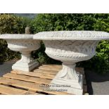*A LARGE PAIR OF CLASSIC URNS WITH HATCHED SIDE DETAIL AND ACANTHUS DETAILED RIMS, 81CM (H) X