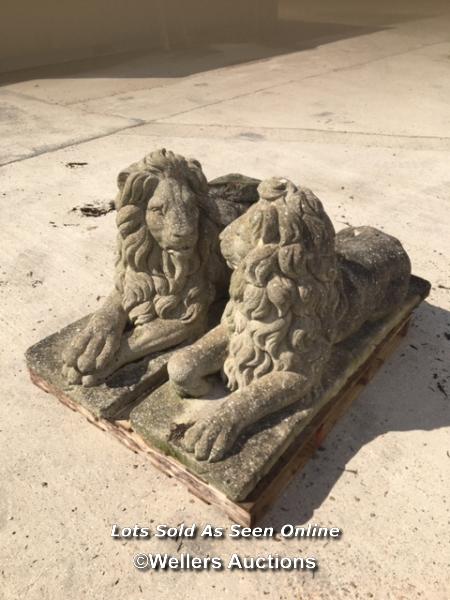 *PAIR OF AGED RECONSTITUTED STONE LAYING LIONS, 74CM (H) X 130CM (L) X 45CM (W), BACK RIGHT CORNER