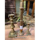 THREE VARIOUS BRASS CANDLE STICKS, TALLEST 28.5CM / COLLECTION LOCATION: WOKING (GU24), FULL ADDRESS