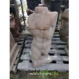 *RECONSTITUTED STONE MALE TORSO STATUE IN BROWN STAIN, 72CM (H), BASE: 28CM X 28CM, SOME CRACKS
