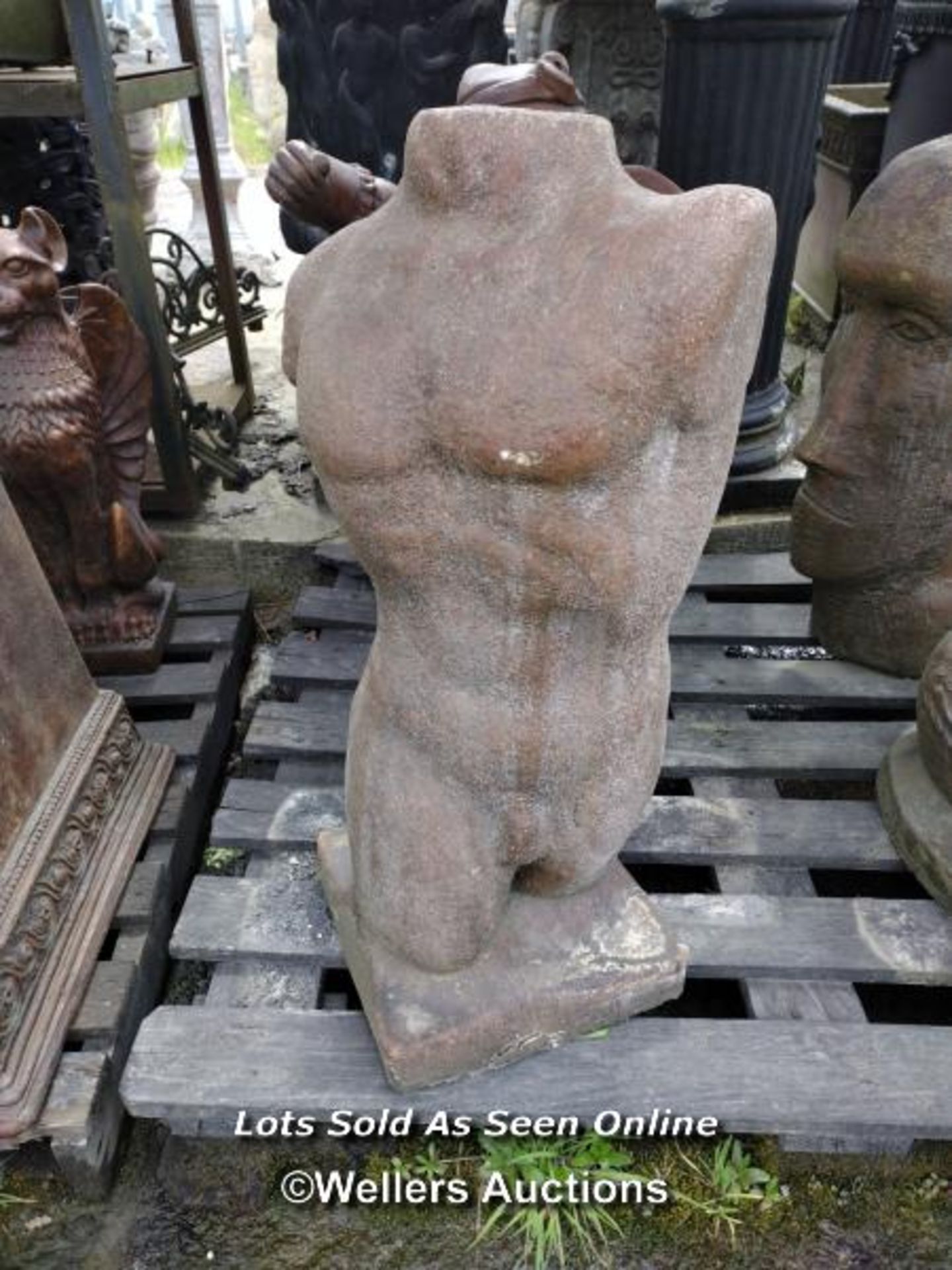 *RECONSTITUTED STONE MALE TORSO STATUE IN BROWN STAIN, 72CM (H), BASE: 28CM X 28CM, SOME CRACKS