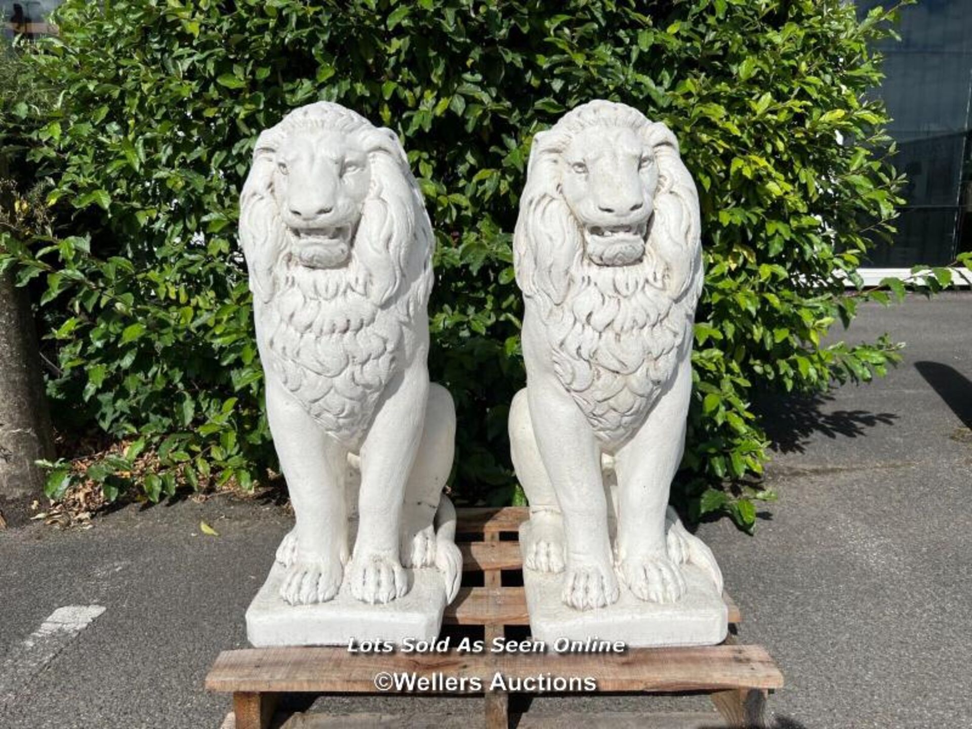 *PAIR OF SITTING LIONS IN CAST STONE AND WHITE CRUSHED MARBLE, EACH IS 80CM (H), 49CM X 30CM AT