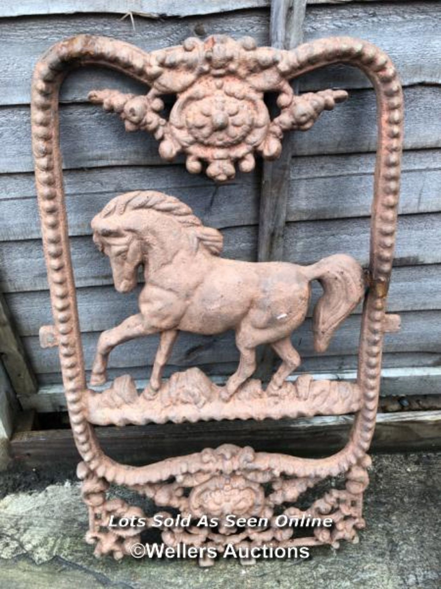 *CAST IRON HORSE WINDOW FRAME, 80CM (H) X 45CM (W) / COLLECTION LOCATION: WELLERS AUCTIONS (GU1