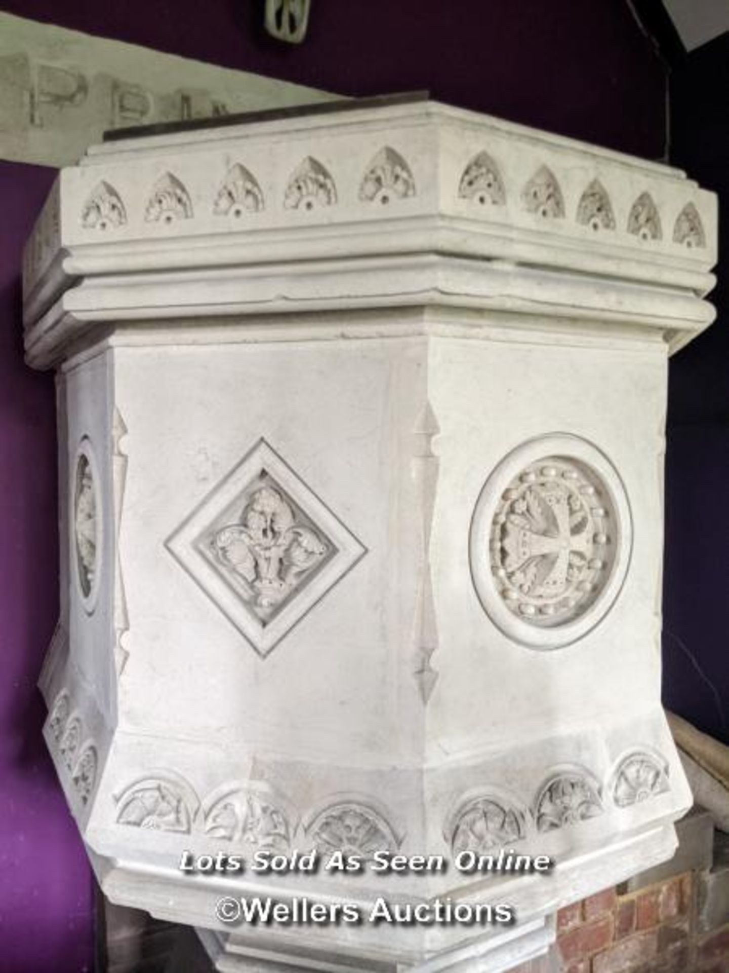 STONE PULPIT, WITH SEVERAL INTRICATE CARVINGS ON EACH ANGLE, 185CM (H) X 95CM (W) X 100CM (D), - Image 2 of 10