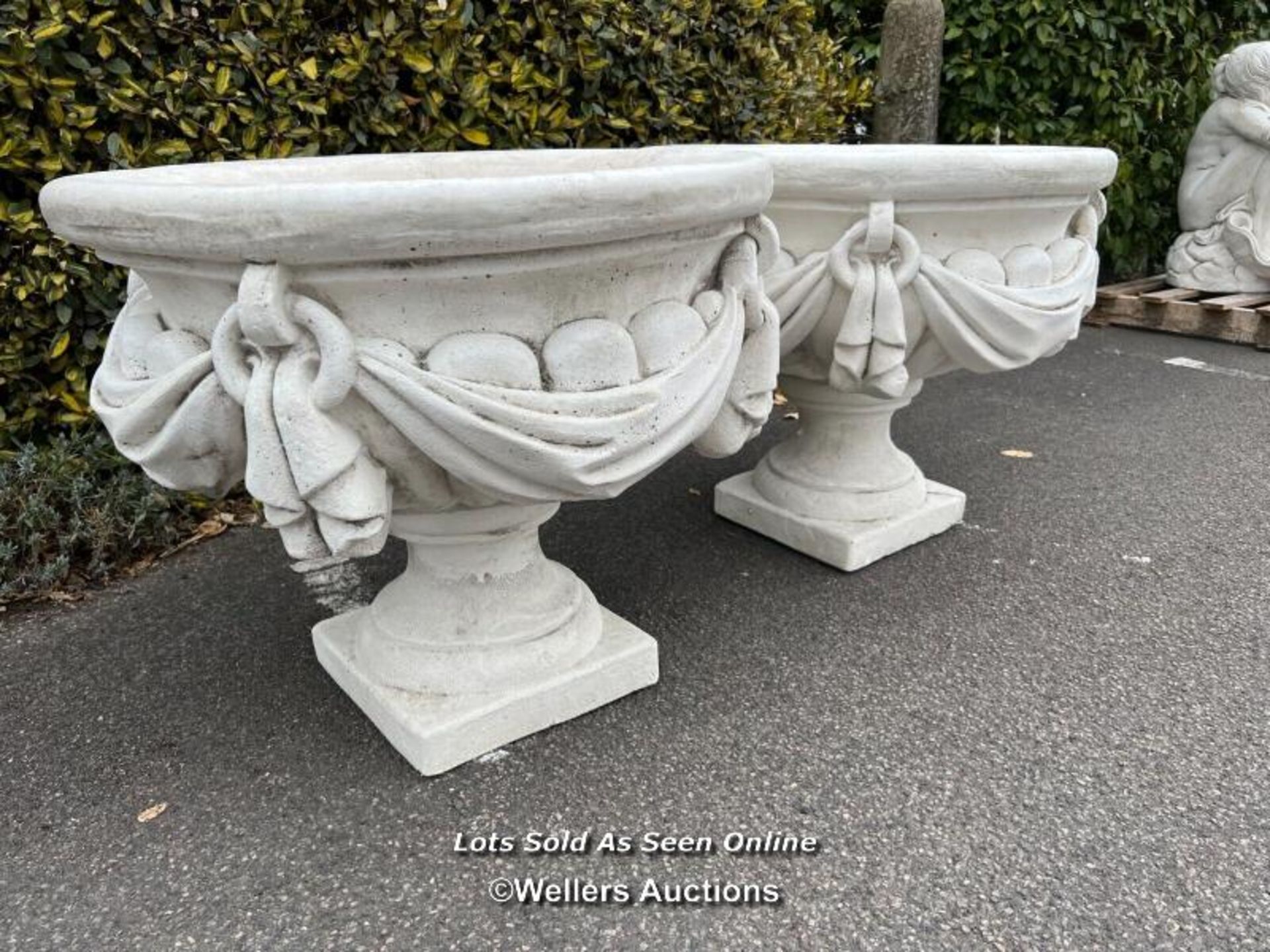 *PAIR OF LARGE WHITE STONE AND CRUSHED MARBLE URNS, LOOP AND SWAG DESIGN AROUND SIDES WITH ANTIQUE - Image 3 of 4