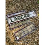 FOUR LEAD LIGHT WINDOWS INCUDING A LARGER 'LAGER' ORIGINALY FROM A BAR, TWO ARE 58.5CM X 21CM THE