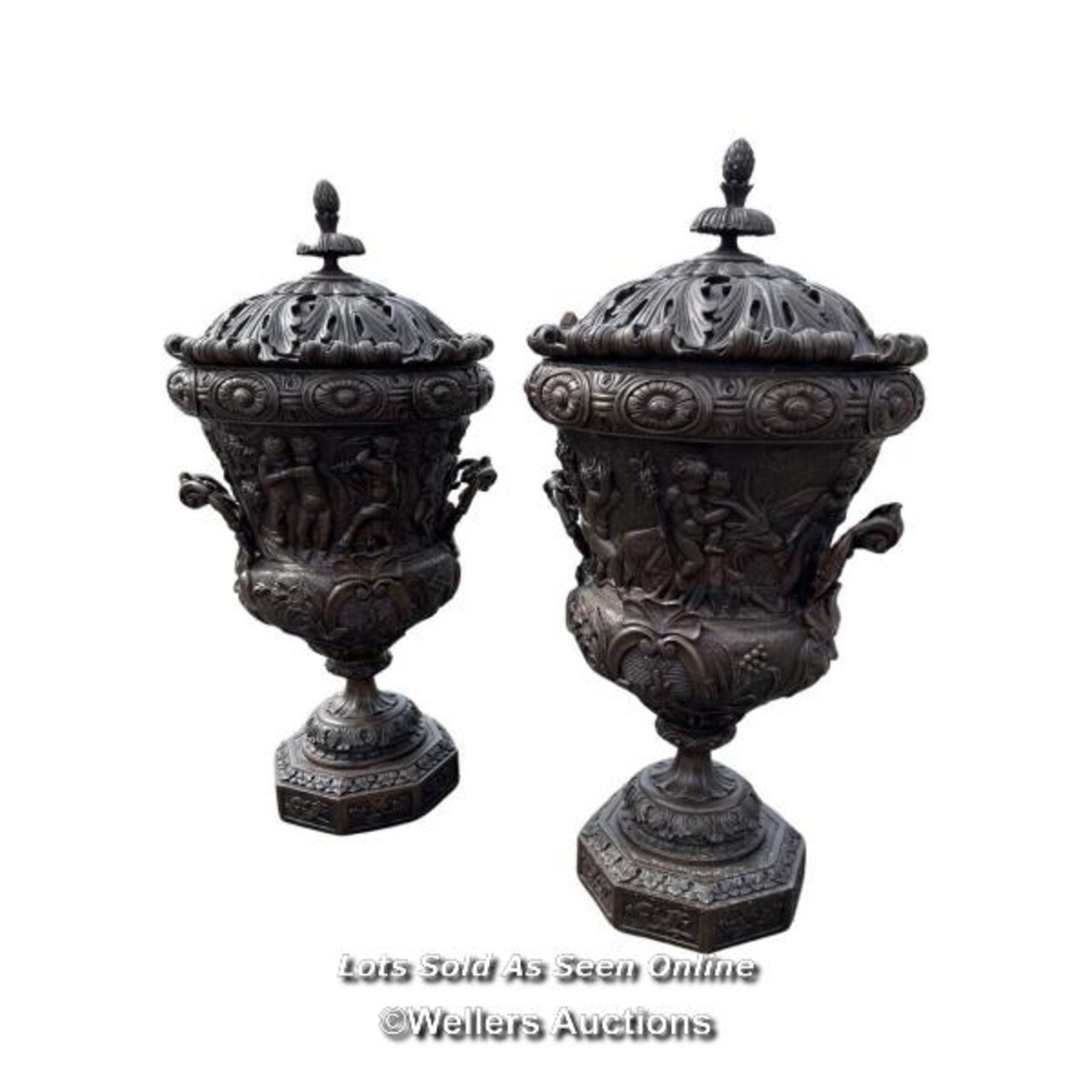 *PAIR OF LARGE ORNATE URN FINIALS IN CAST BRONZE WITH REMOVEABLE LIDS, DISPLAYING SCENES OF - Image 2 of 8