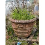 *LARGE RECONSTITUTED STONE PLANTER, RED, 60CM (H), TOP: 75CM (DIA), SOME CRACKS AND CHIPS