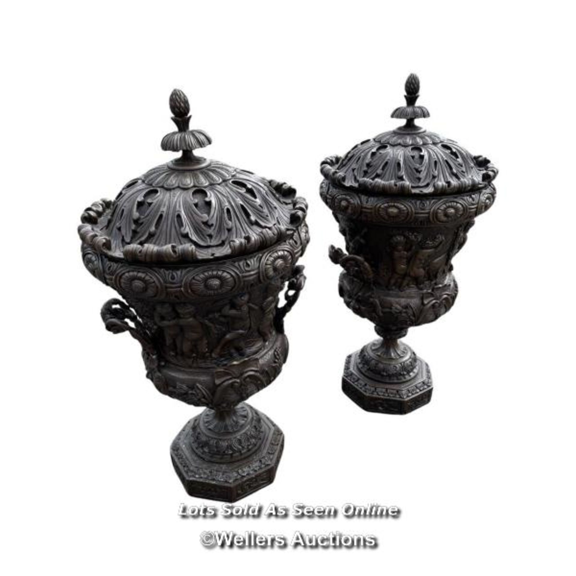 *PAIR OF LARGE ORNATE URN FINIALS IN CAST BRONZE WITH REMOVEABLE LIDS, DISPLAYING SCENES OF