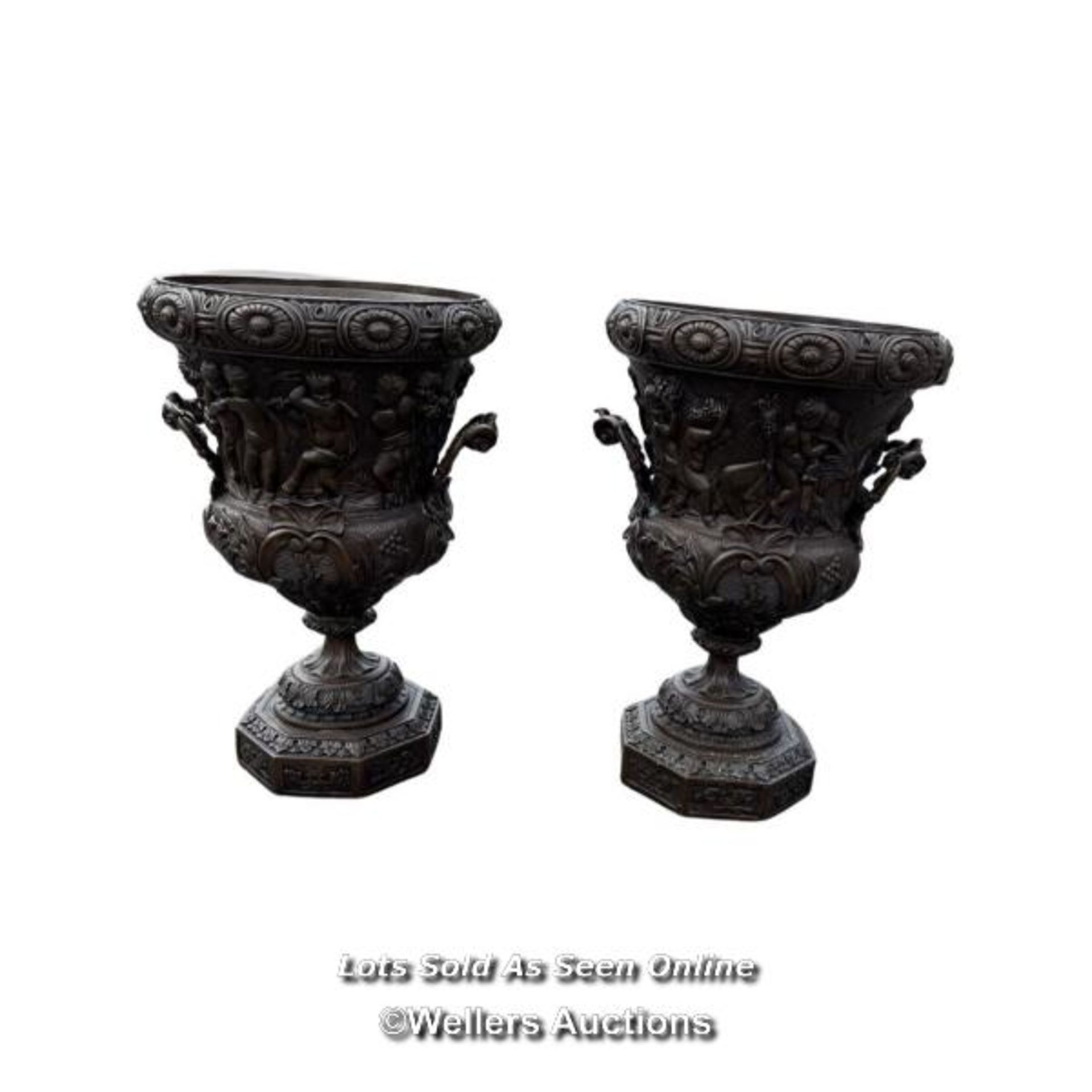 *PAIR OF LARGE ORNATE URN FINIALS IN CAST BRONZE WITH REMOVEABLE LIDS, DISPLAYING SCENES OF - Image 4 of 8