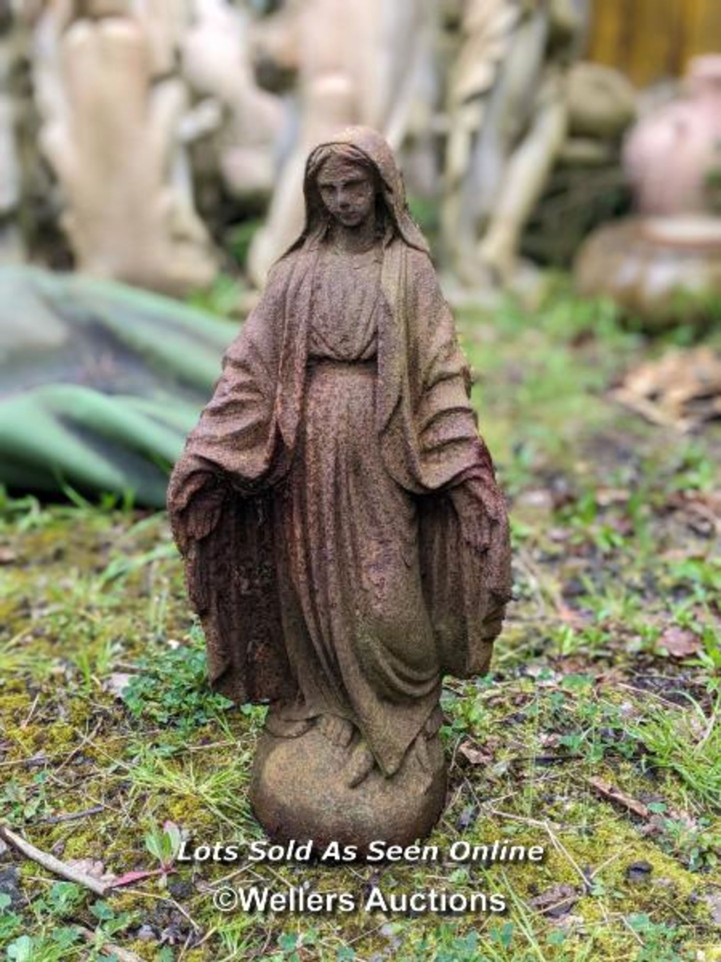 *CAST IRON MARY STATUE, 60CM (H) X 27CM (W), BASE: 18CM (DIA) / COLLECTION LOCATION: ALBOURNE (BN6),