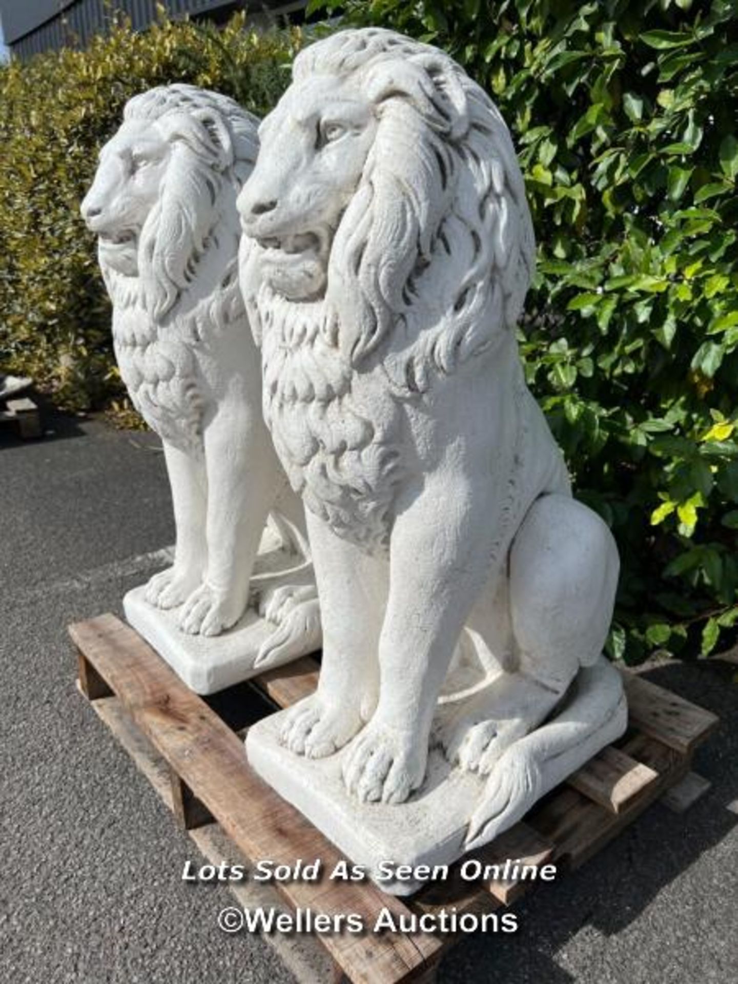 *PAIR OF SITTING LIONS IN CAST STONE AND WHITE CRUSHED MARBLE, EACH IS 80CM (H), 49CM X 30CM AT - Image 2 of 5