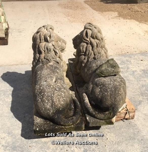 *PAIR OF AGED RECONSTITUTED STONE LAYING LIONS, 74CM (H) X 130CM (L) X 45CM (W), BACK RIGHT CORNER - Image 2 of 3