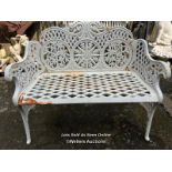 *2 SEATER CAST IRON BENCH, FRENCH STYLE WITH LATTICE SLAT DESIGN AND CENTRAL STAR BURST PANEL, 110CM