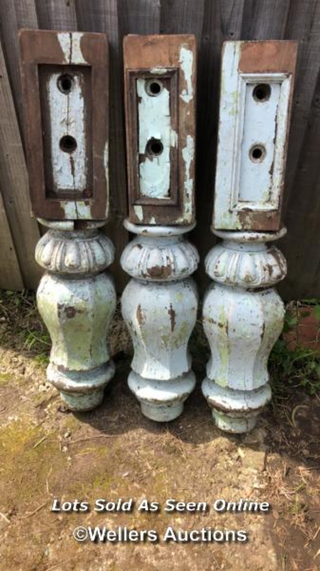 3X VICTORIAN MAHOGANY SNOOKER TABLE LEGS, WITH FADED DUCK EGG BLUE PAINT, 83CM (H) / COLLECTION