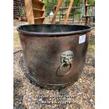 COPPER COAL BUCKET ON CLAW FEET WITH LION FACED HANDLES, APPROX 42CM (DIA) / COLLECTION LOCATION: