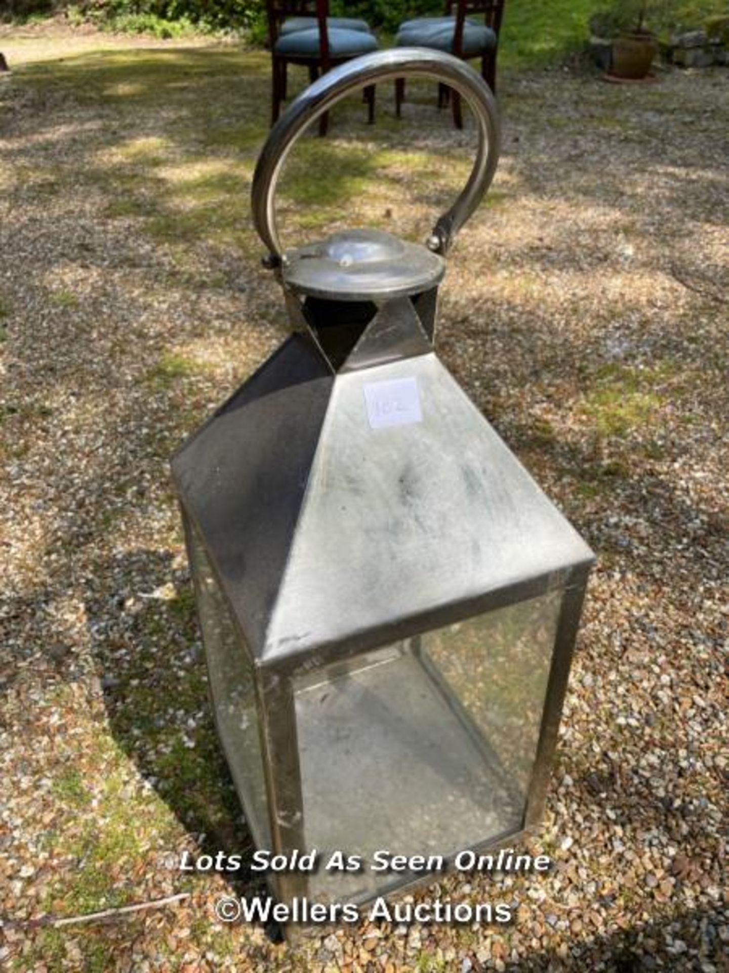LANTERN WITH ONE GLASS PANEL MISSING, 30CM (H) X 30CM (W) X 30CM (D) / COLLECTION LOCATION: