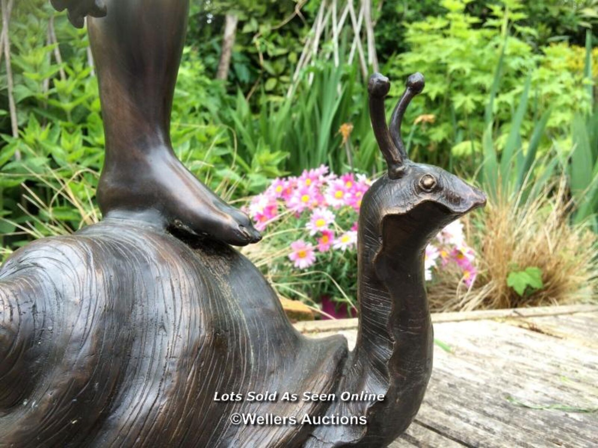 *GARDEN WATER FEATURE OF A BRONZE BOY ON SNAIL, SNAIL IS PIPED FOR WATER SO CAN BE USED AS A WATER - Image 5 of 5