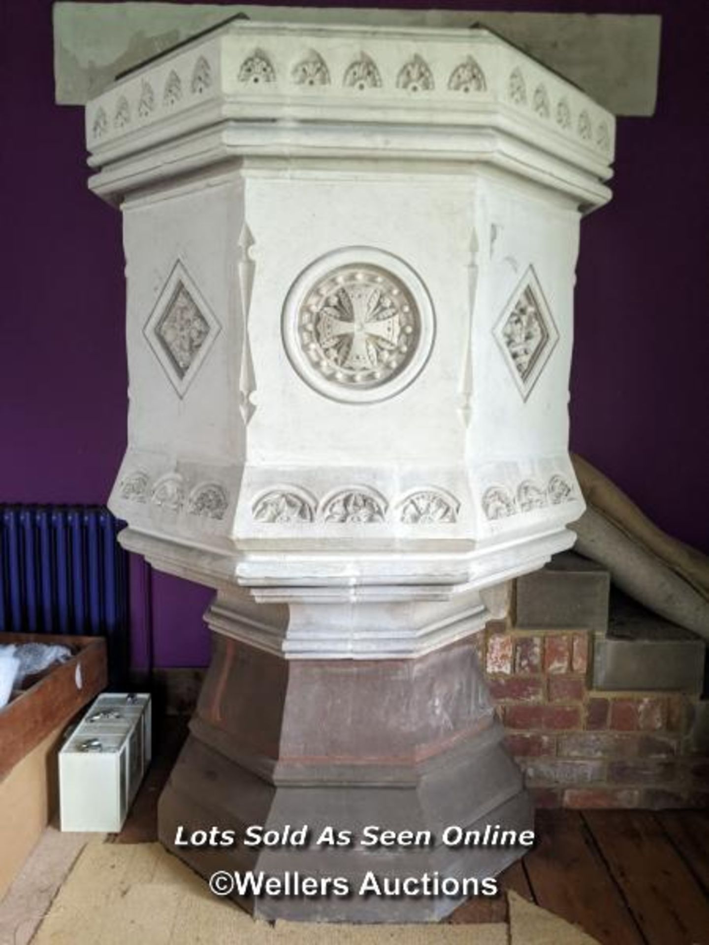 STONE PULPIT, WITH SEVERAL INTRICATE CARVINGS ON EACH ANGLE, 185CM (H) X 95CM (W) X 100CM (D),