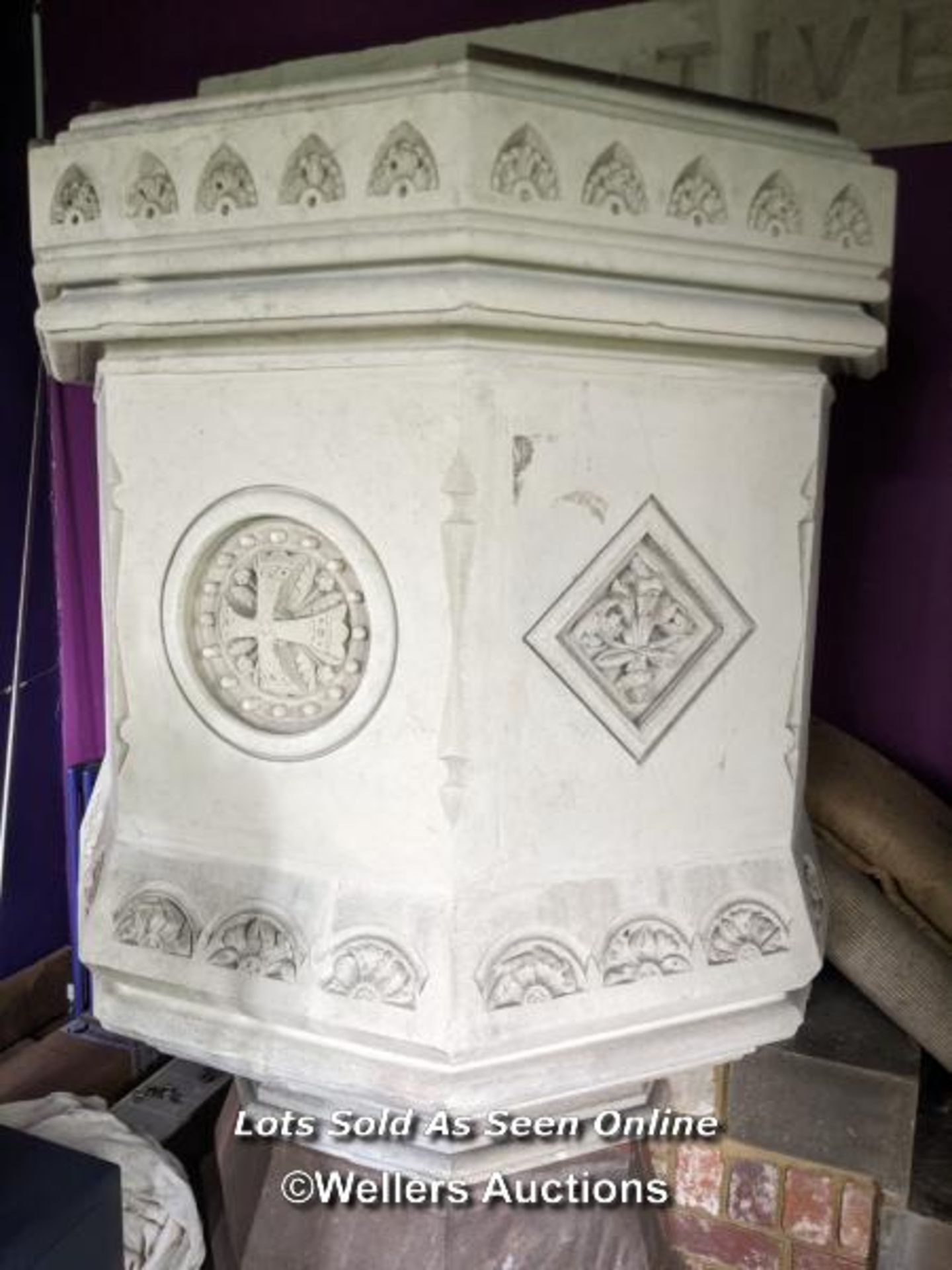 STONE PULPIT, WITH SEVERAL INTRICATE CARVINGS ON EACH ANGLE, 185CM (H) X 95CM (W) X 100CM (D), - Image 3 of 10