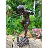 *GARDEN WATER FEATURE OF A BRONZE BOY ON SNAIL, SNAIL IS PIPED FOR WATER SO CAN BE USED AS A WATER