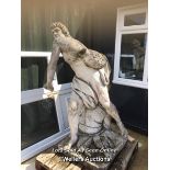 *LARGE HEAVY RECONSTITUTED MARBLE OLD AGED STATUE OF DAVID HOLDING A SLING, 180CM (H), BASE: 75CM