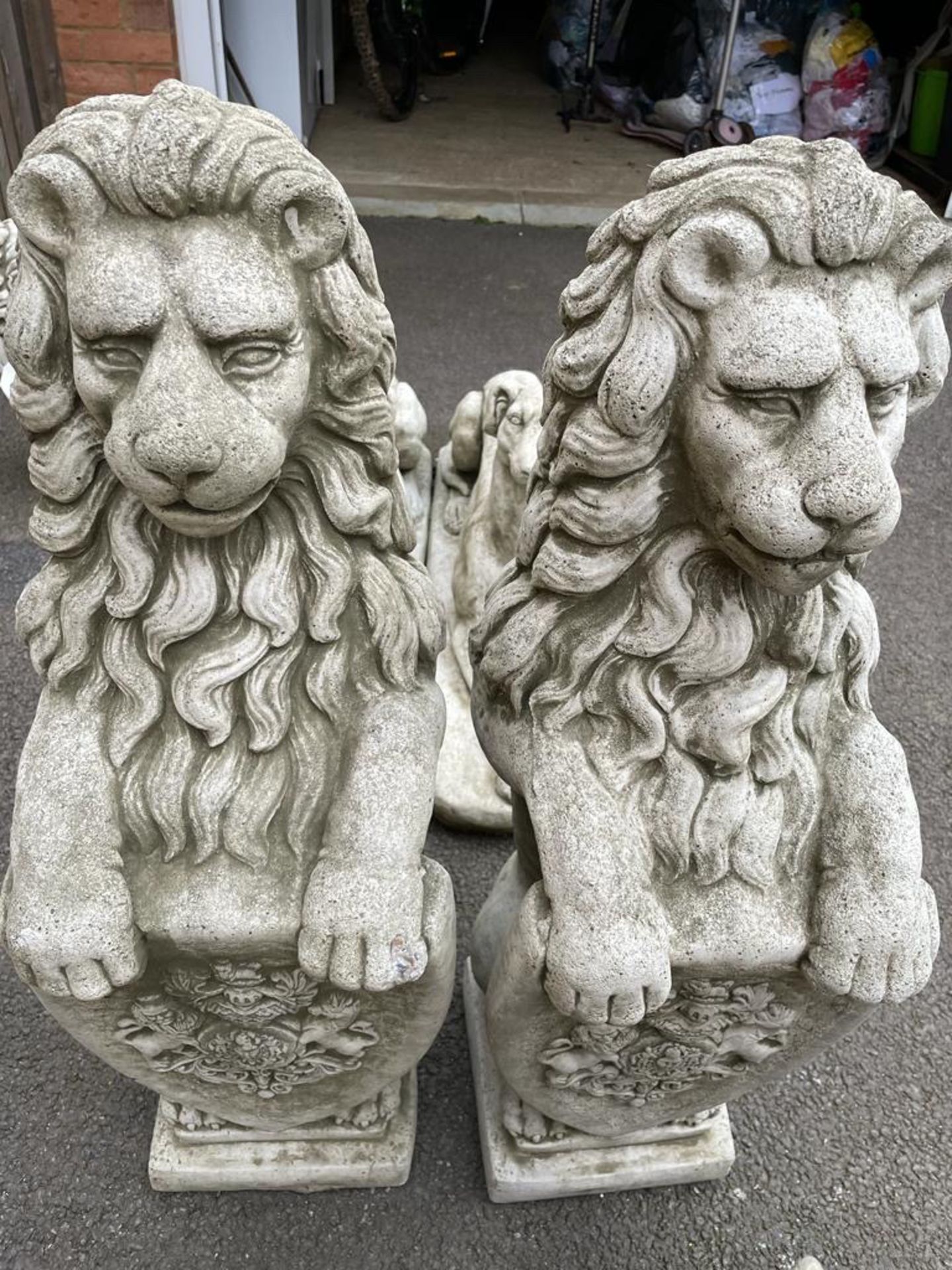 PAIR OF STONE ARMORIAL LIONS, 79CM (H) / COLLECTION LOCATION: WELLERS AUCTIONS (GU1 4SJ)