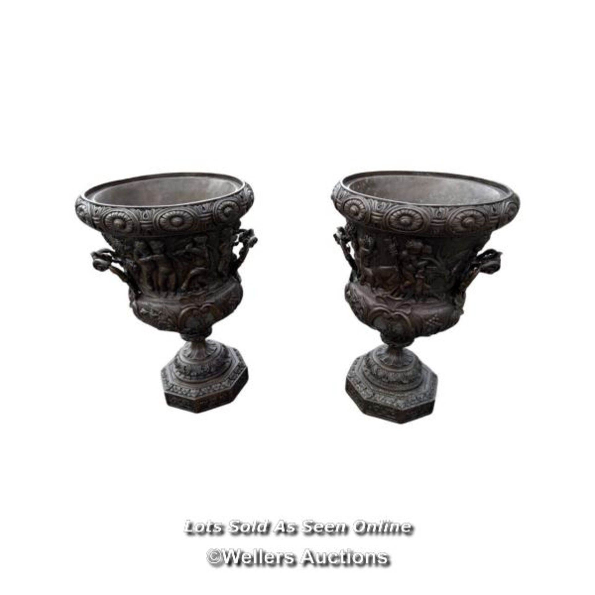 *PAIR OF LARGE ORNATE URN FINIALS IN CAST BRONZE WITH REMOVEABLE LIDS, DISPLAYING SCENES OF - Image 3 of 8