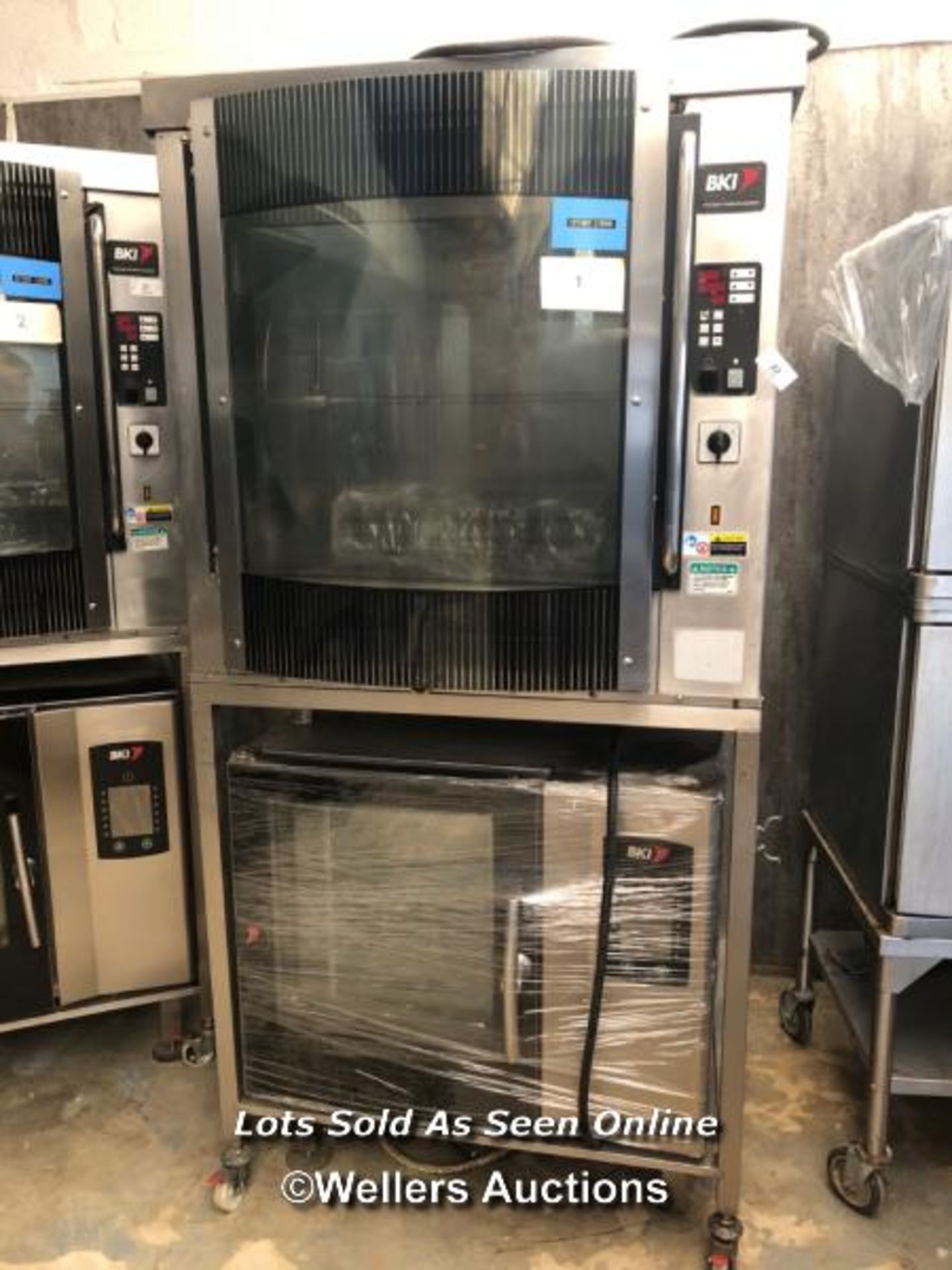 BKI CHICKEN ROTISSERIE AND BKI 6-GRID COMBI OVEN, 3-PHASE ELECTRIC, ON CASTERS, TOTAL DIMENSIONS: