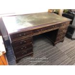 MAHOGANY PARTNERS DESK WITH GREEN LEATHER TOP, ONE CENTRAL DRAW FLANKED BY EIGHT SMALLER, LEATHER