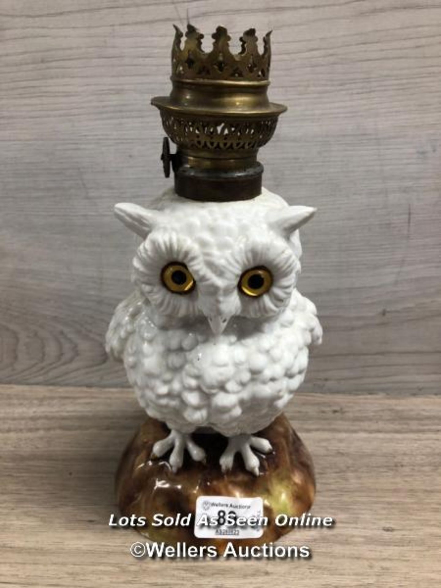 *ANTIQUE 19TH CENTURY GERMAN PORCELAIN OWL OIL LAMP BASE / 26CM HIGH