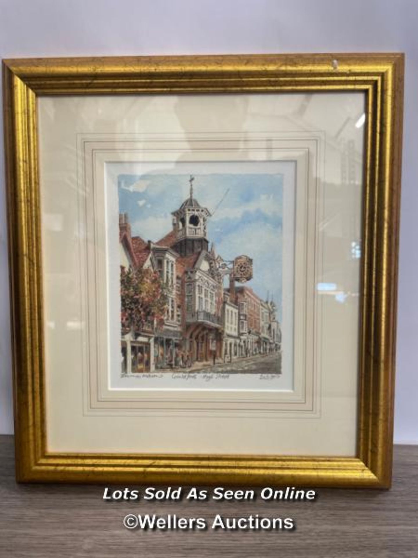 FRAMED & GLAZED PRINT OF GUILDFORD HIGH STREET, 203/800, SIGNED IN PENCIL, 15.5 X 19.5CM