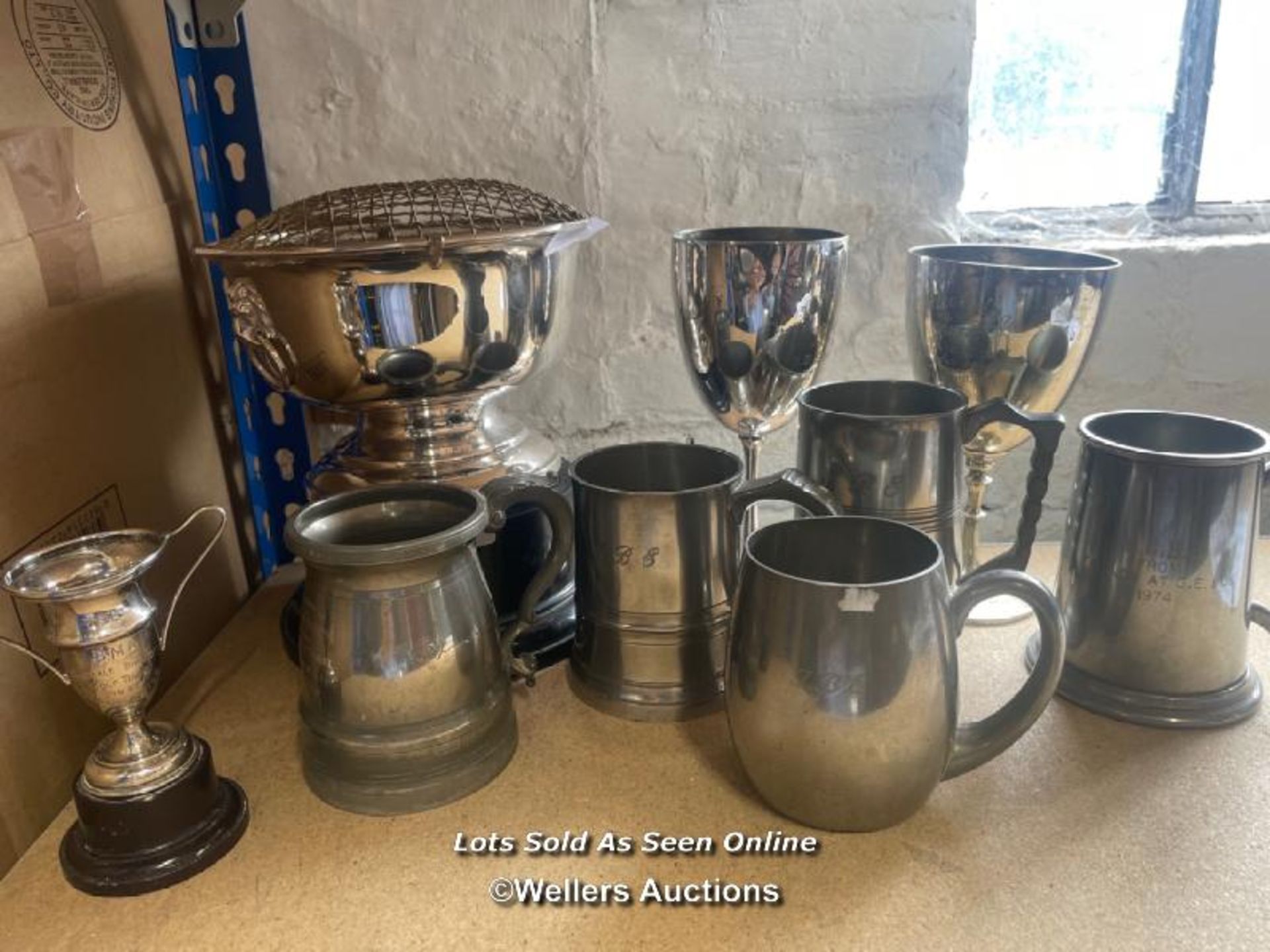 METALWARE INCL. TANKARDS, TROPHY AND ROSE BOWL (8)